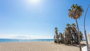 Ein Strand mit blauem Himmel, Palmen und ruhiger See.