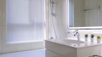 Hair dryer, bidet, towels, soap