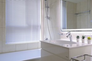 Hair dryer, bidet, towels, soap