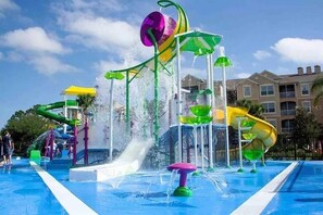 A water park with multiple slides and water features.