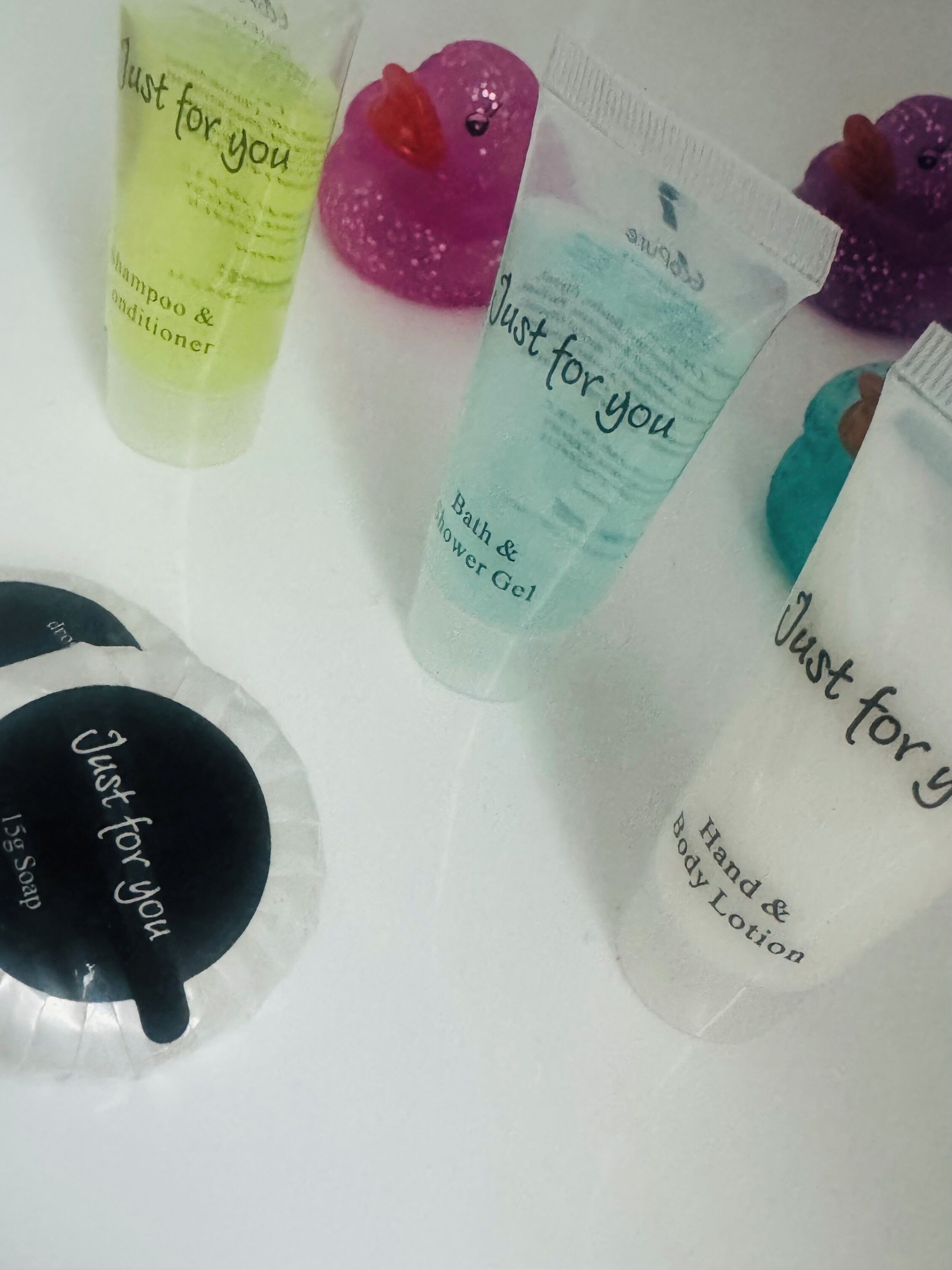 Verschiedene Pflegeprodukte wie Shampoo, Conditioner, Duschgel und Körperlotion.