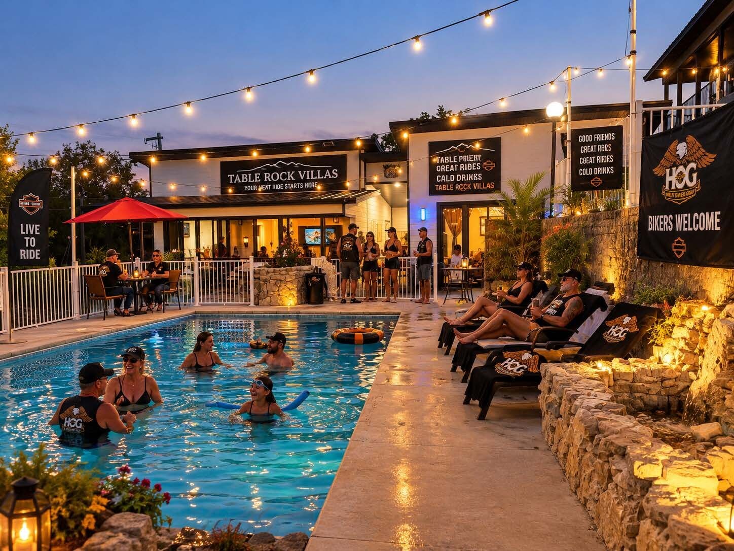A pool area with people swimming and lounging, surrounded by outdoor seating and string lights.