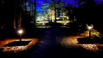 Een nachtelijke scène met een pad, begrensd door bomen en verlicht door lantaarns.