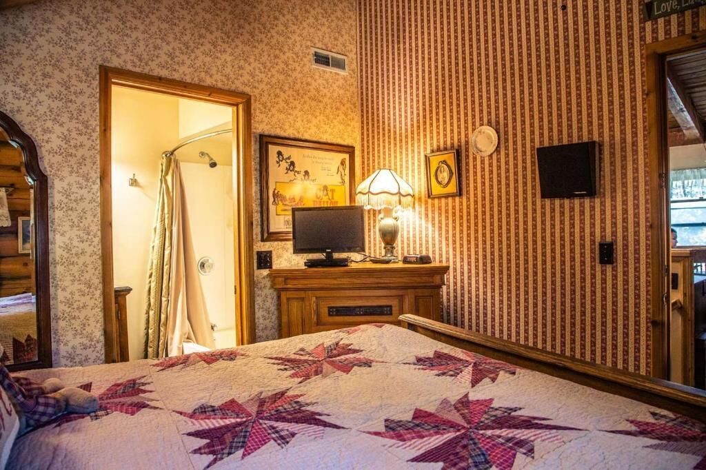 A hotel room with a bed, a television, a lamp, and a shower.