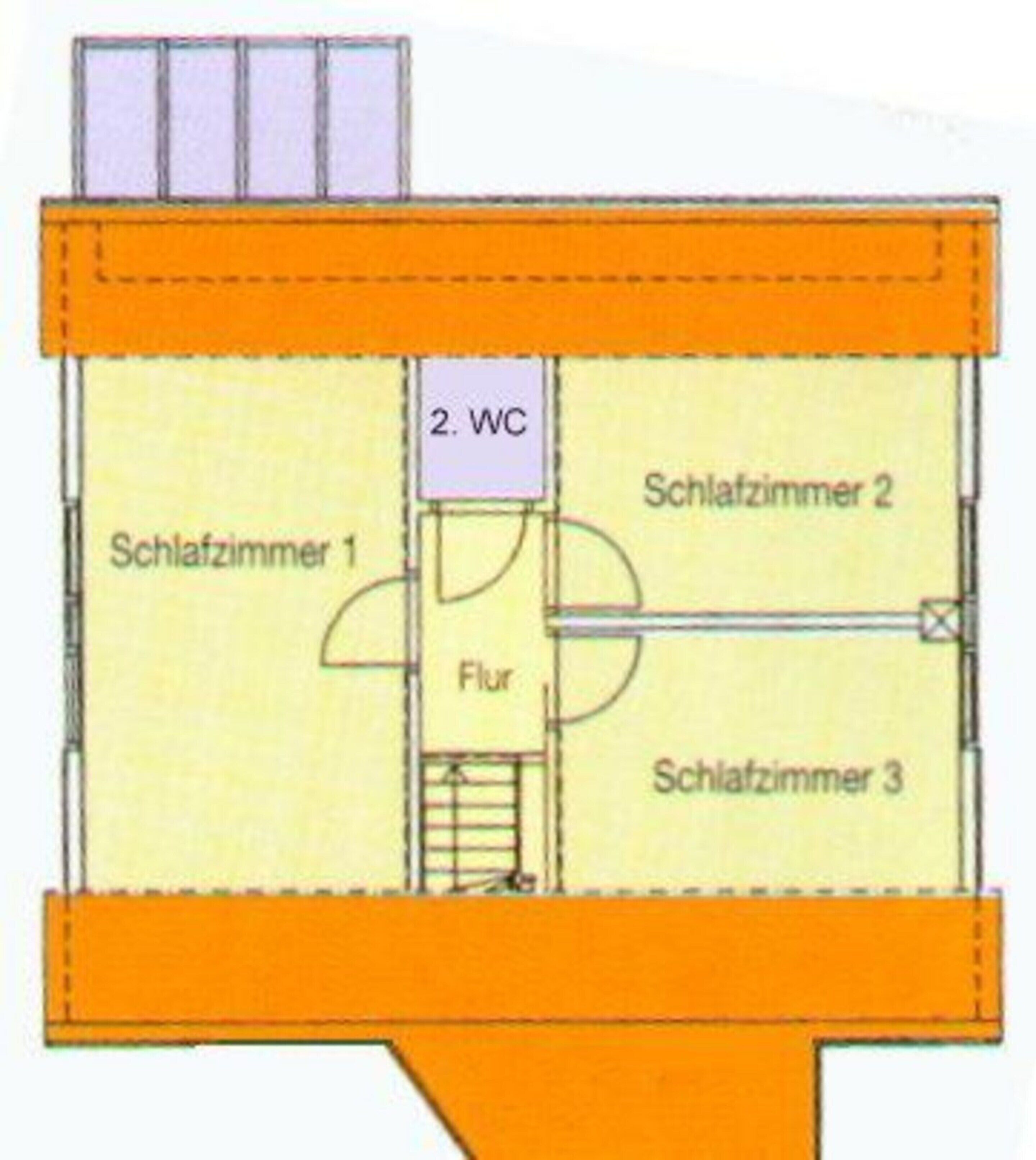 A floor plan with three bedrooms, a bathroom, and a living area.