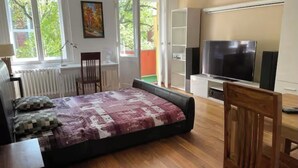 Une chambre à coucher avec un lit, un plancher en bois, une télévision, une armoire et une fenêtre donnant sur un paysage verdoyant.