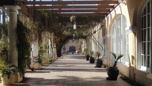 Un paseo techado con columnas y plantas en macetas, que conduce a un edificio con amplios ventanales.