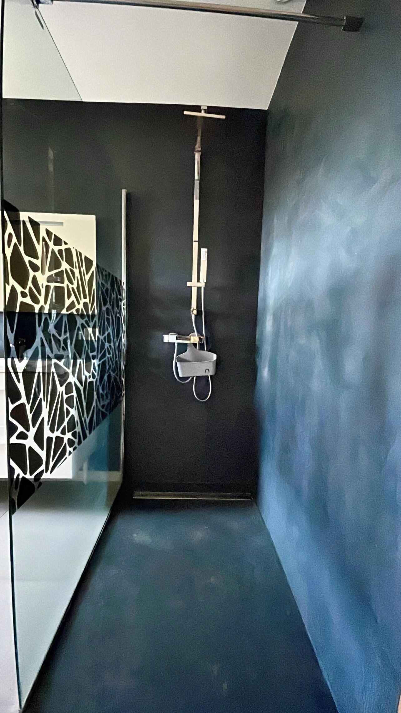 Une salle de bain moderne avec un mur à motifs noir et blanc, un espace douche et une cloison en verre.