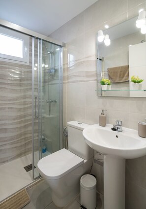 Secadora de cabello, toallas, jabón, papel de baño