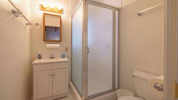 Hair dryer, towels, soap, shampoo