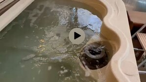 Un bain à remous doté d’un drain, entouré d’une terrasse en bois.