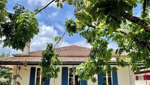 Ein zweistöckiges Haus mit Ziegeldach, blauen Fensterläden und einer Veranda mit Tisch und Stühlen.