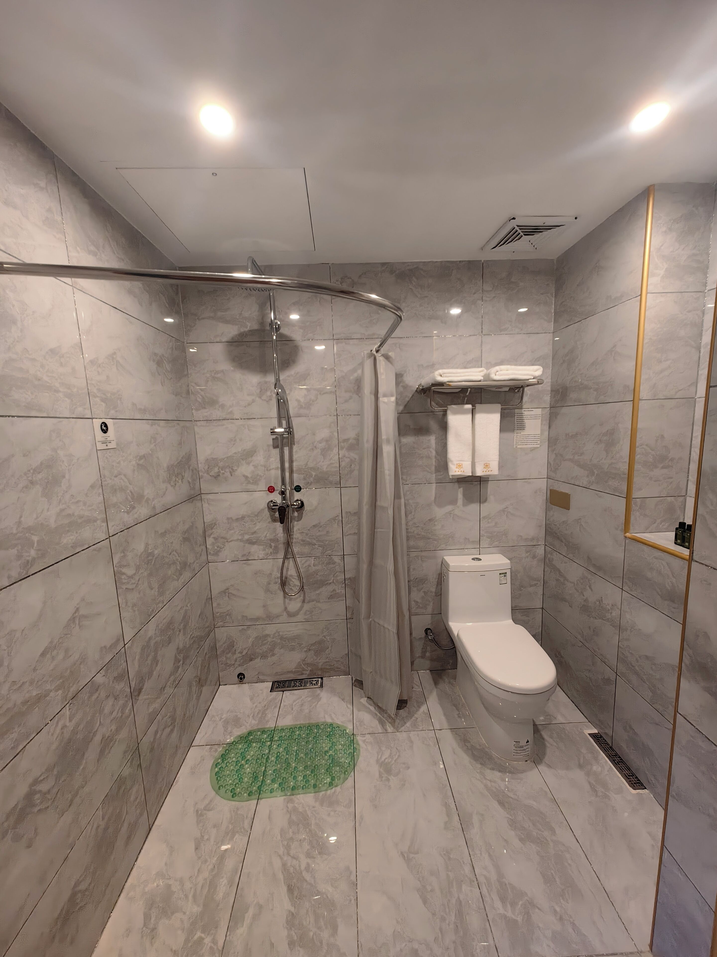 Een moderne badkamer met een douche, toilet en een groene mat op de vloer.