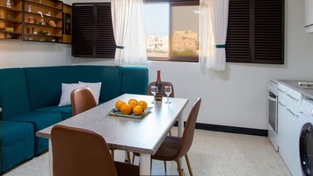 Un espacio habitable pequeño con comedor, sofá, mesa con naranjas y una botella, y una lavadora.