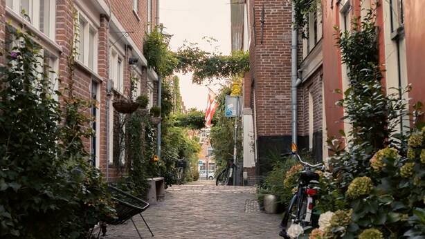 Un estrecho callejón empedrado flanqueado por edificios de ladrillo con plantas colgantes y una bicicleta estacionada.