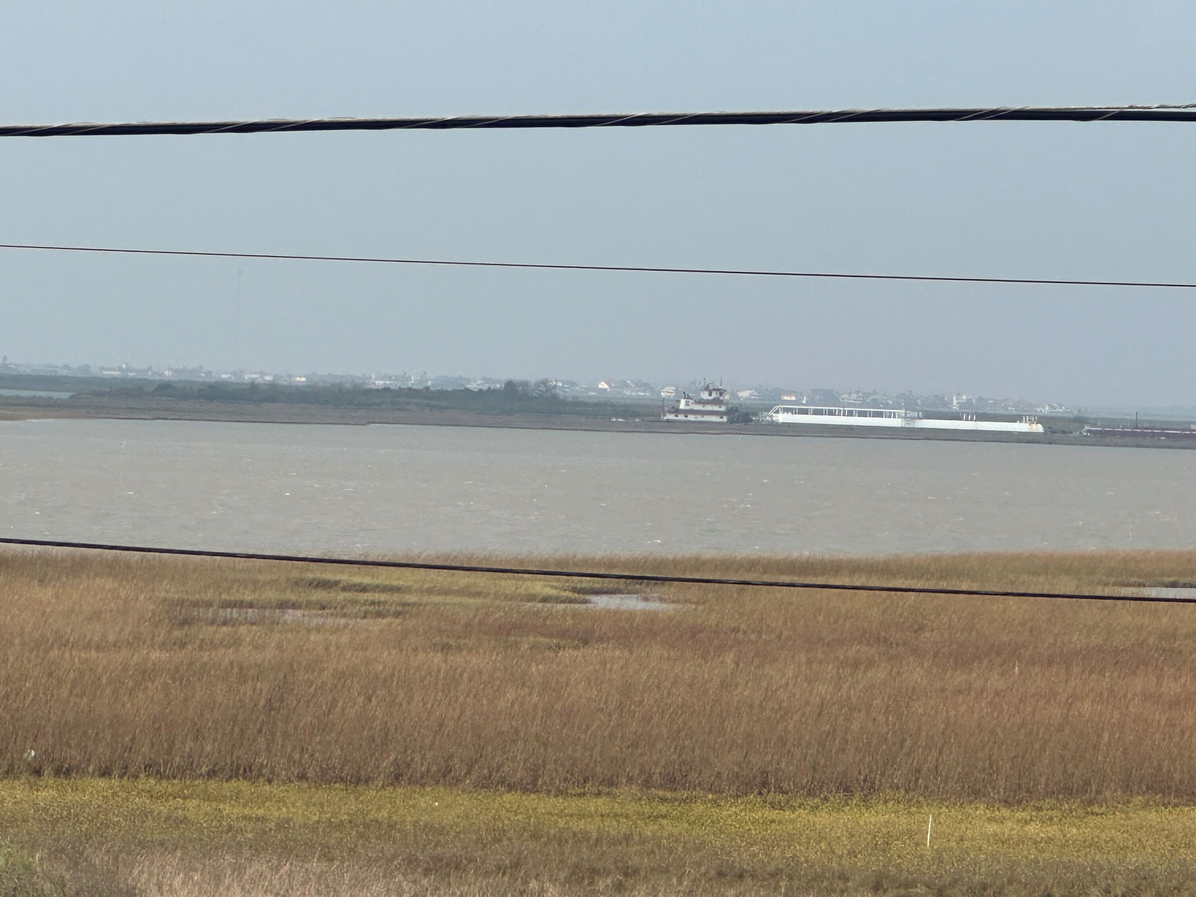 A river with a boat in the distance, surrounded by grassy fields and a distant shoreline with buildings.