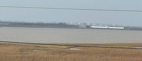 A river with a boat in the distance, surrounded by grassy fields and a distant shoreline with buildings.