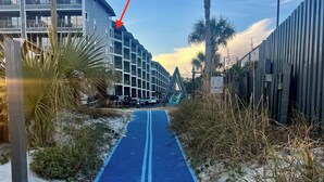 A pathway leading to a building with a modern design, featuring a blue textured surface and surrounded by palm trees and sand. - Ocean and sunrise views that have you coming back year after year! (Myrtle Beach)
