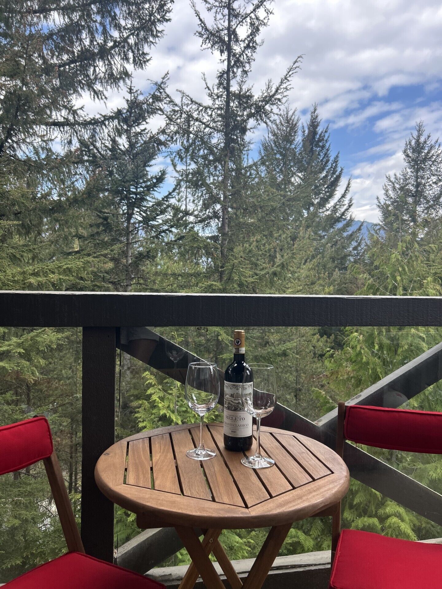 A wooden table with a bottle of wine and a glass on it, set against a backdrop of trees and a clear sky.