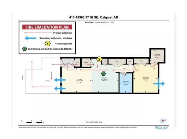 A fire evacuation plan for a building with primary and secondary exit routes, fire extinguisher locations, and a dual smoke and carbon monoxide detector. - Cozy 1-bedroom condo in amazing Calgary with WiFi (Calgary)