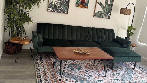 Een woonkamer met een groene bank, een houten salontafel en een vloerkleed met een patroon. Er hangen drie kunstwerken in lijsten aan de muur en links staat een grote plant.