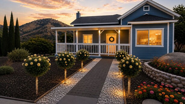 A house with a porch, a front door, and a garden with flowers and a pathway. - Closest to Springville Ranch & Gateway to the Sequoias•Pet Friendly•Sleeps 10 (Springville)