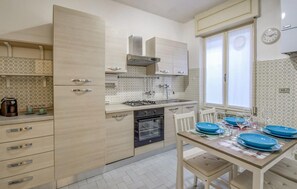 Fridge, stovetop, dishwasher, coffee/tea maker