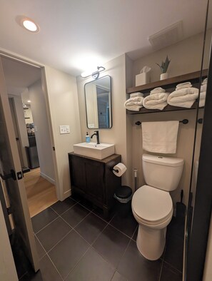 Shower, hair dryer, towels, soap - Cliff's Edge Brewing BBnB charming 2-bedroom, "garden level," abode, Denver, CO (Denver)