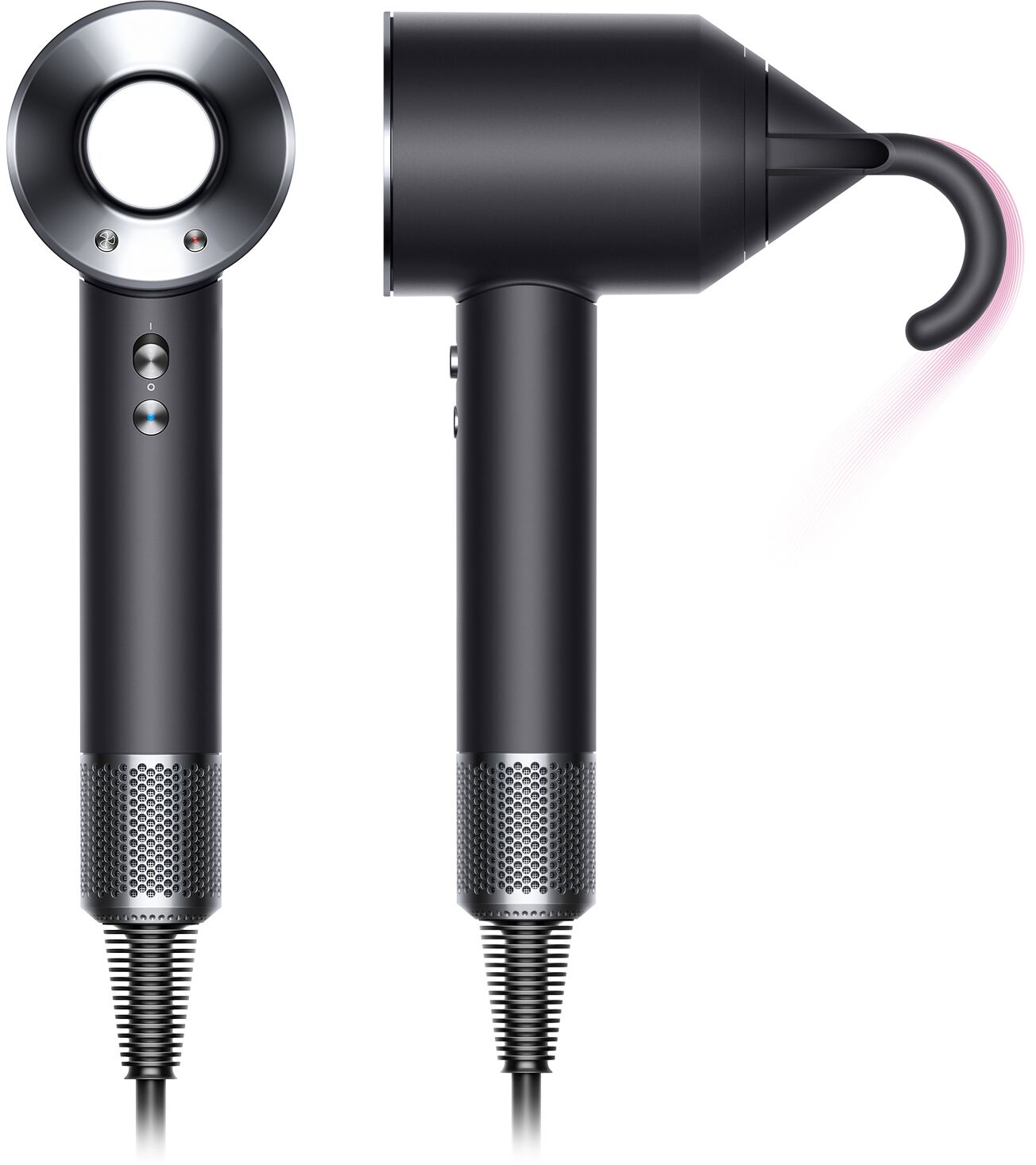 A black hairdryer with a circular attachment and a nozzle with a pink light.