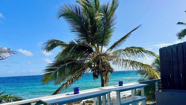 Una terraza de madera con barandas blancas que da a una playa con aguas azules cristalinas y palmeras.