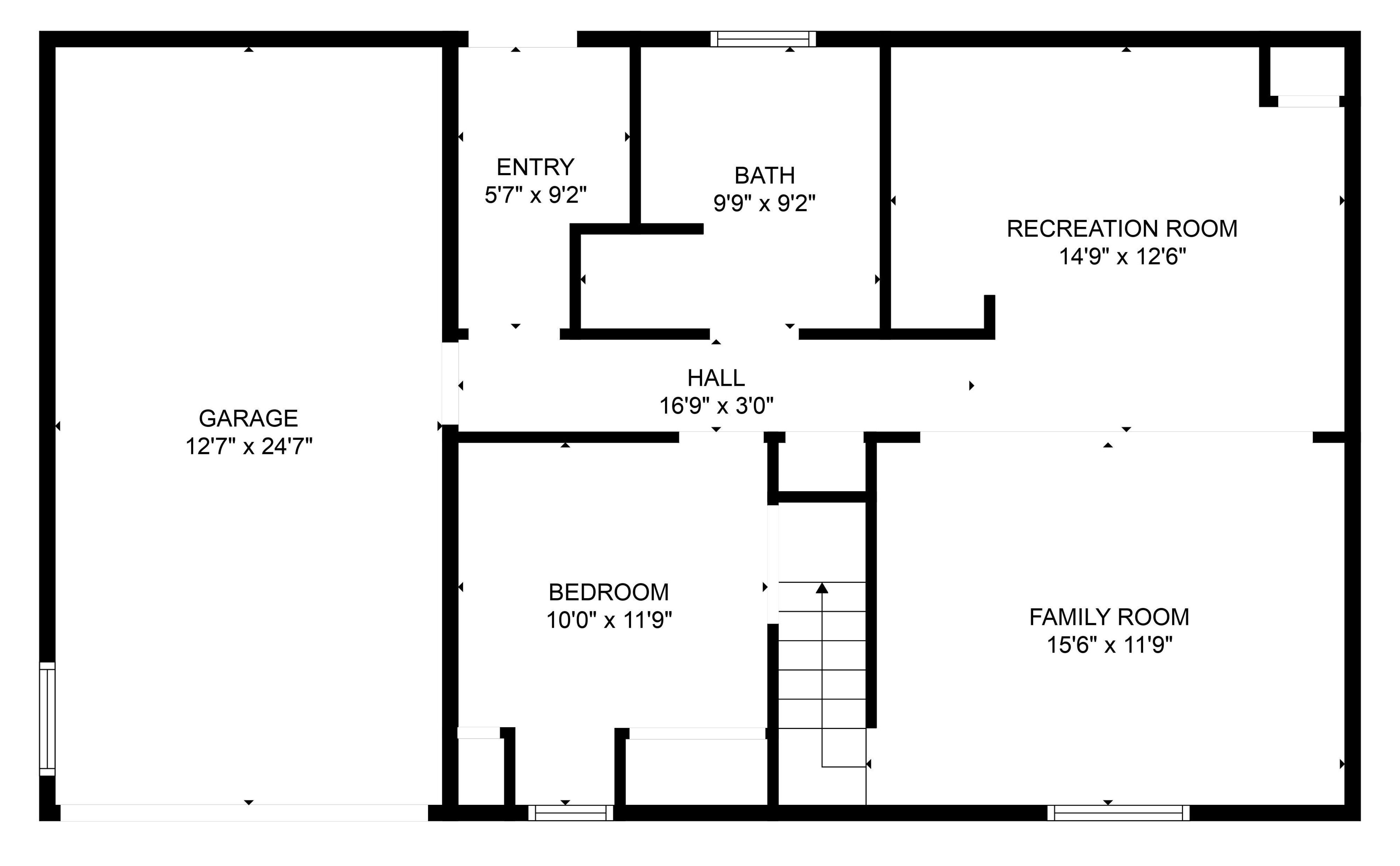 A floor plan with a garage, bedroom, bathroom, hall, entry, recreation room, and family room.