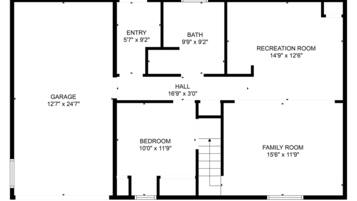 A floor plan with a garage, bedroom, bathroom, hall, entry, recreation room, and family room.