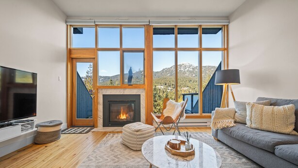 A modern living room with a fireplace, large windows, a sofa, a coffee table, and a TV.