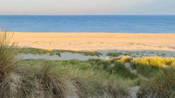 Una playa con dunas de arena y una vista despejada del océano.