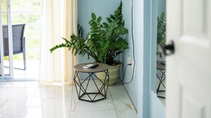 A room with a sliding glass door, a potted plant, a mounted TV, and a small table.