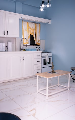 Fridge, microwave, oven, stovetop