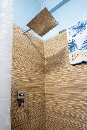 Douche, séchoir à cheveux, serviettes fournies, savon