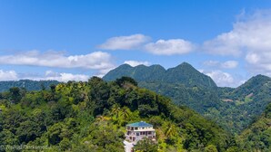 Une maison dotée d’un toit végétalisé, nichée dans une région montagneuse verdoyante.