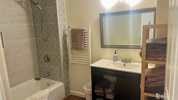 Shower, towels, soap, shampoo