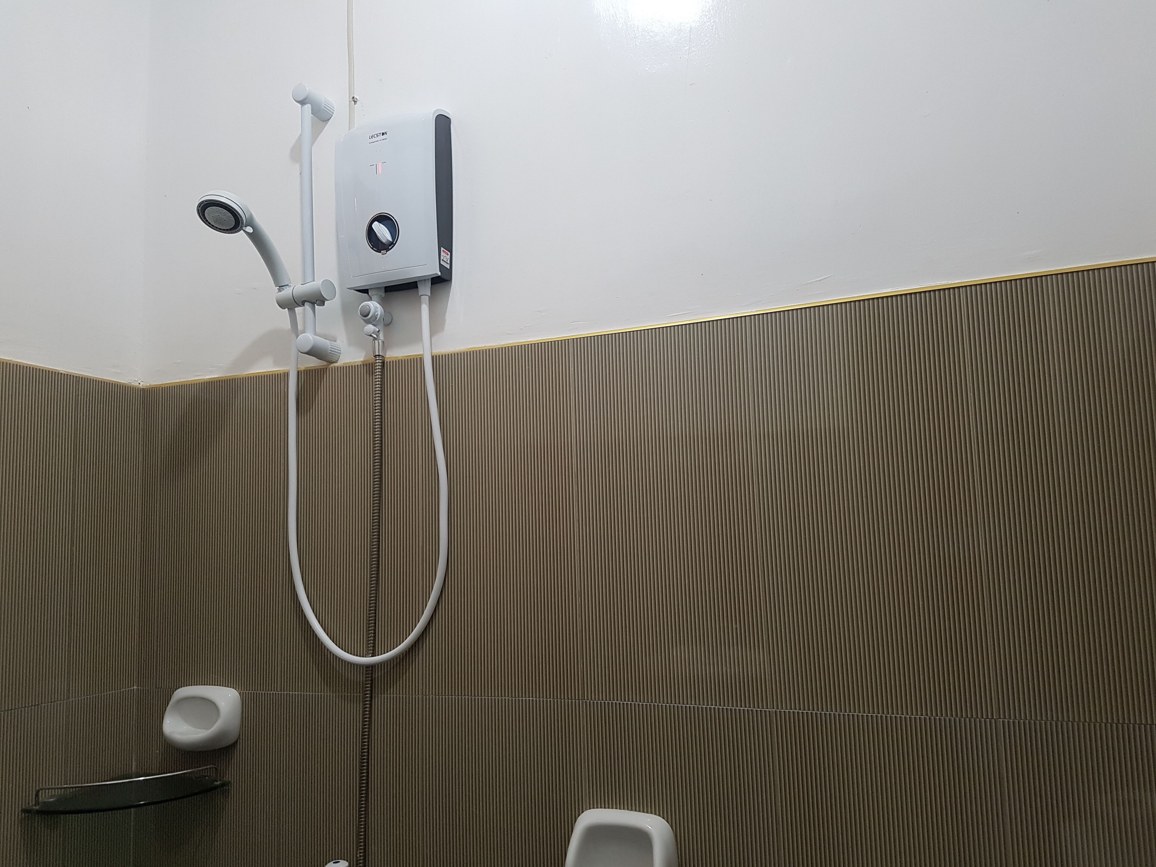 A shower area with a handheld showerhead, a wall-mounted control panel, and a toilet.
