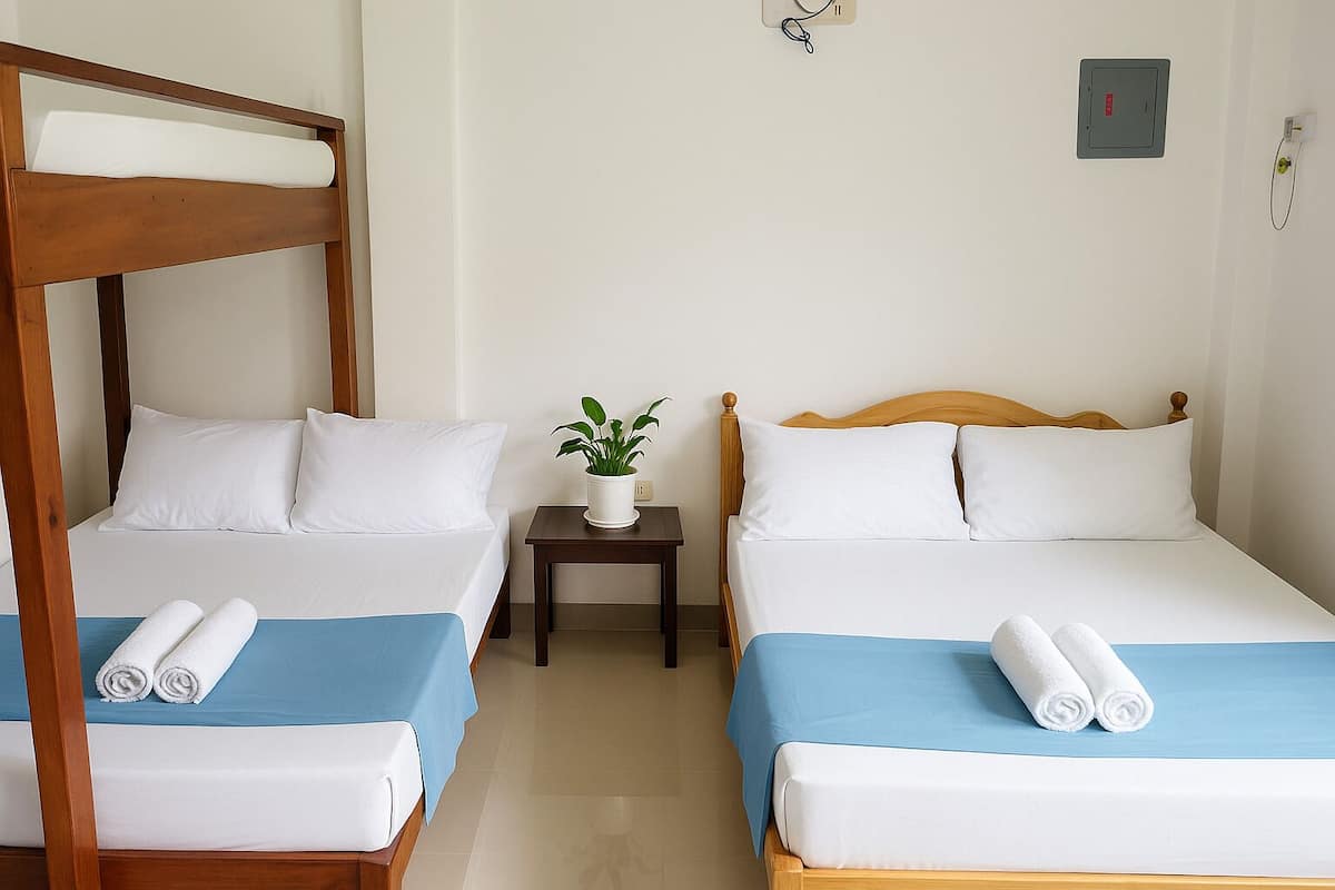 A hotel room with two single beds, each with a wooden headboard, white bedding, and blue bedspreads. There is a small bedside table with a potted plant between the beds.