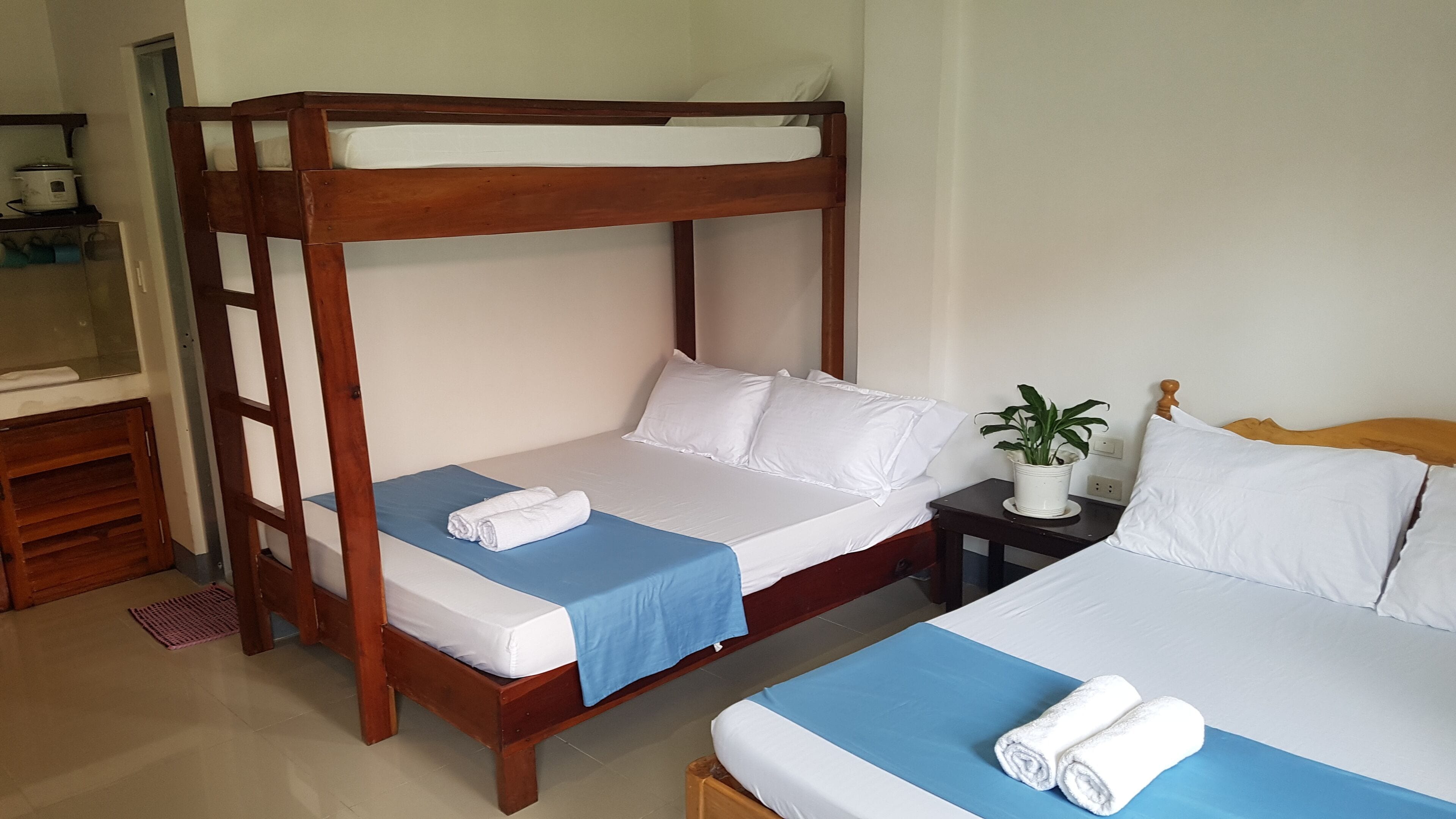 A room with a bunk bed, a single bed, and a small table with a plant.