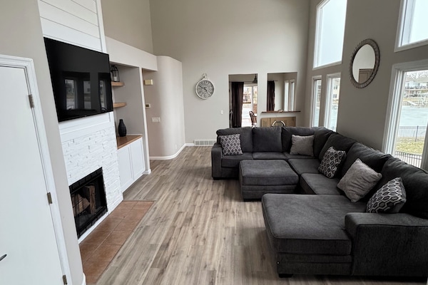 Smart TV, fireplace, foosball