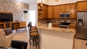 Fridge, oven, coffee/tea maker, toaster