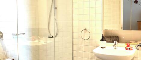 Douche, séchoir à cheveux, serviettes fournies, savon