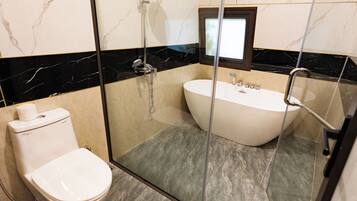 Une salle de bain moderne avec une douche à parois de verre, des toilettes blanches et une baignoire sur pieds.