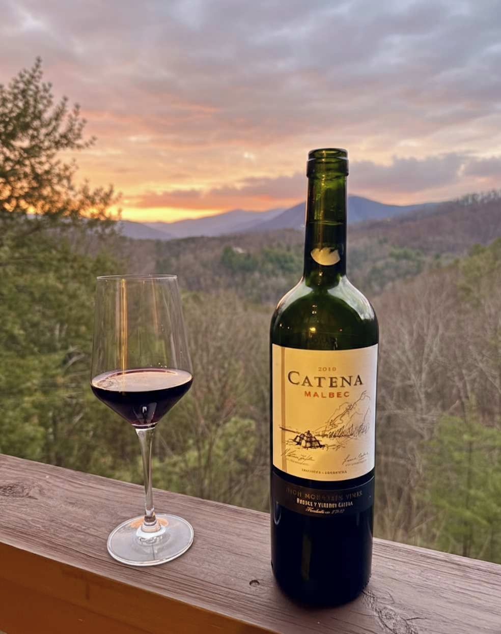 A bottle of Catena Malbec wine and a glass of red wine on a wooden ledge with a scenic view of a forest and mountains in the background.