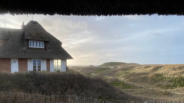 Una casa con techo de paja y base de ladrillo, una puerta blanca y una ventana con contraventanas.