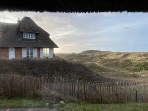 A thatched-roof house with a brick base, a white door, and a window with shutters.