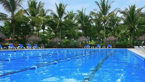 A swimming pool with lane dividers, surrounded by palm trees and lounge chairs.